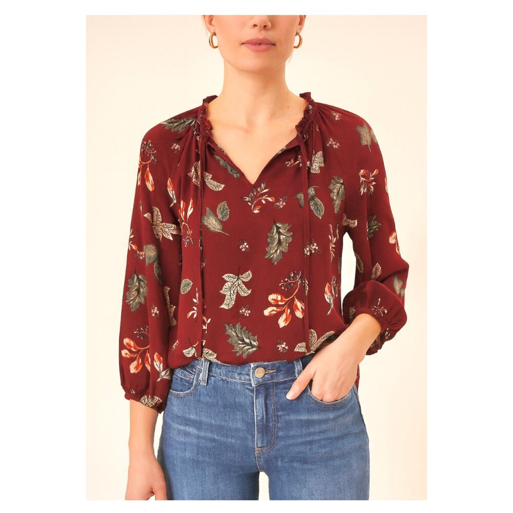 NWT Loft Peasant Blouse Size XS Rust Botanical Print 3/4 Sleeve Autumn Top